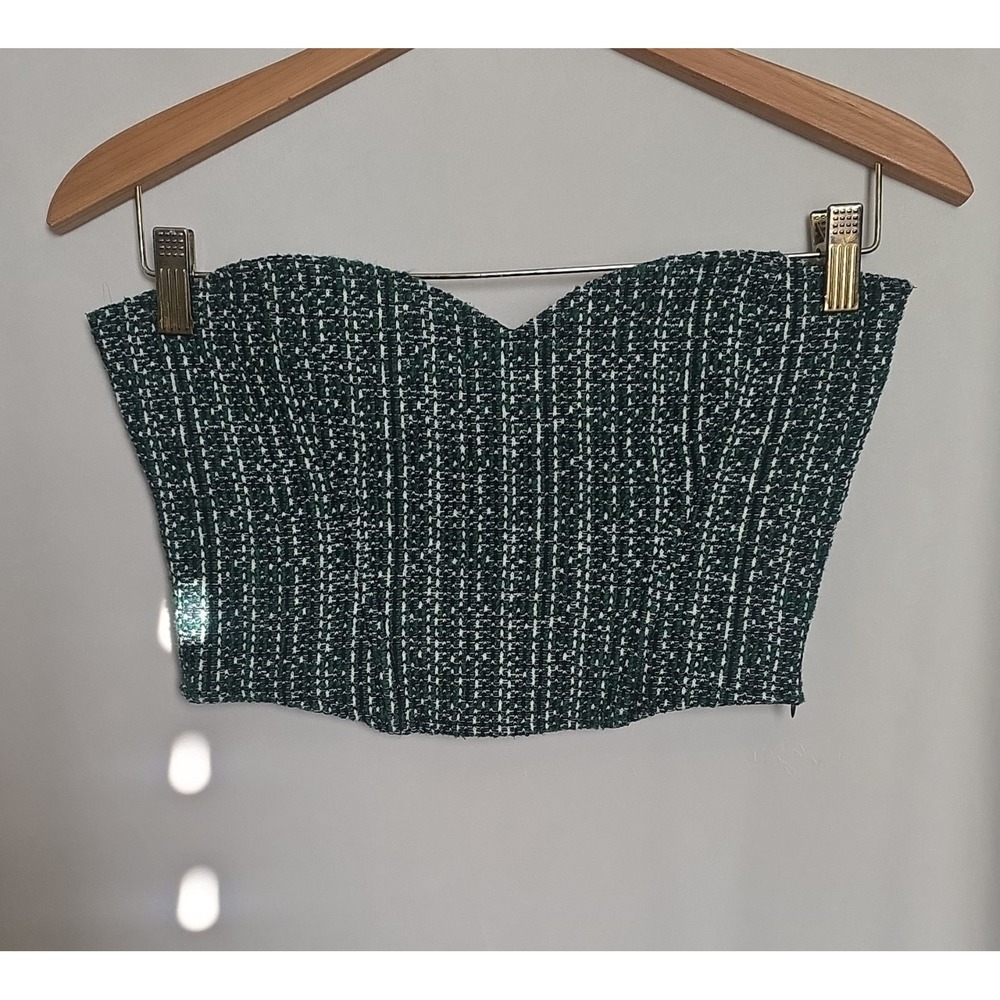 Zara Strapless Tweed Check Bustier Corset Top Green/White Women's M